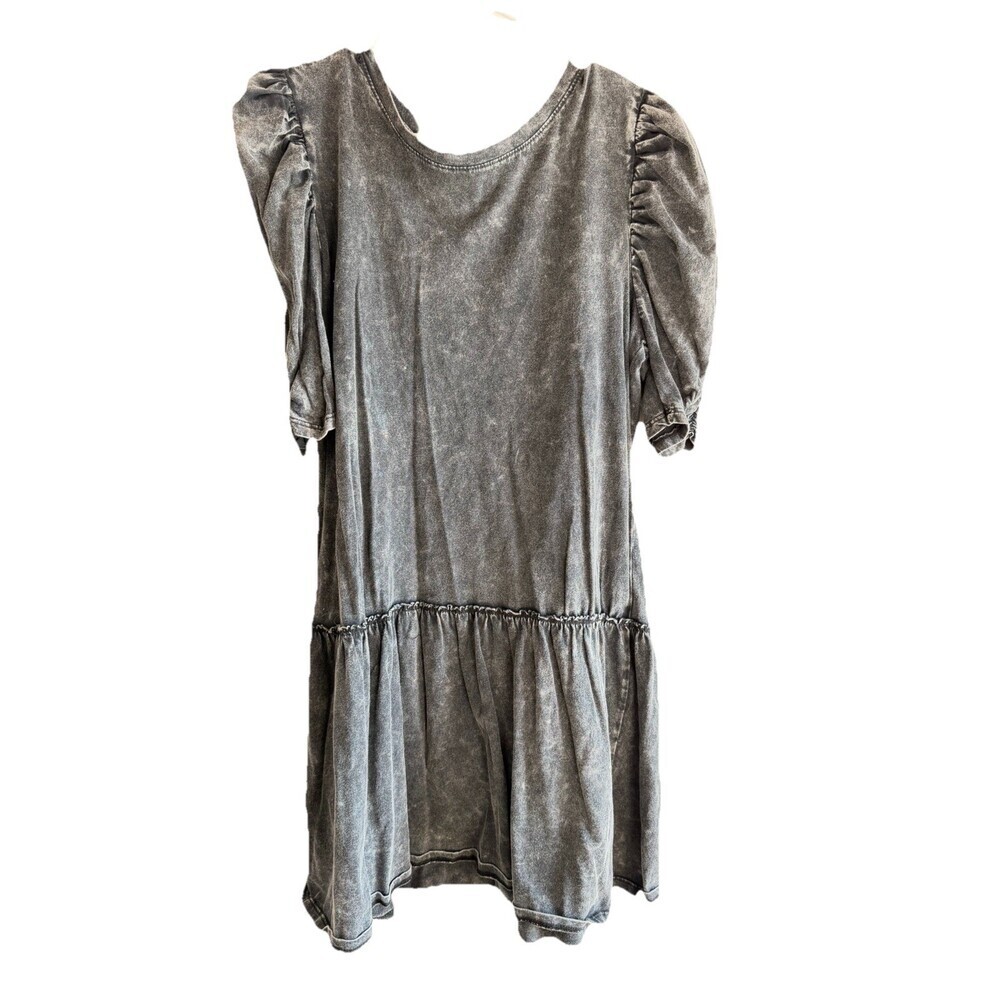 SO Kohls Womens Large Black Washed Midi Dress Puff Sleeve Boho Free People Style